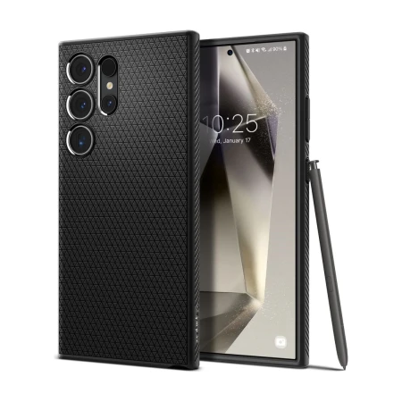 Etui Spigen Liquid Air w czerni — tył i przód Galaxy S24 Ultra z rysikiem S Pen