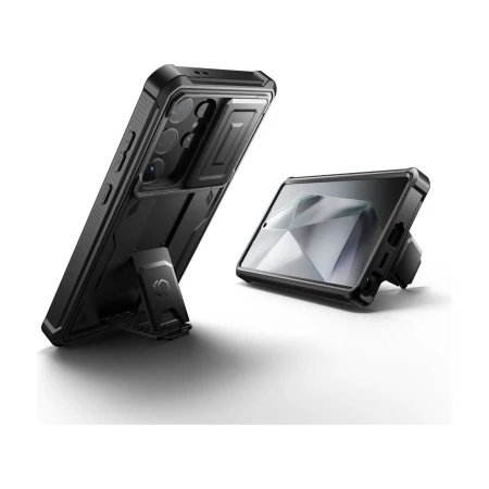Etui Kevlar Cam+ na Galaxy S24 Ultra — tył z przesuwną osłoną aparatu i telefon oparty na podstawce