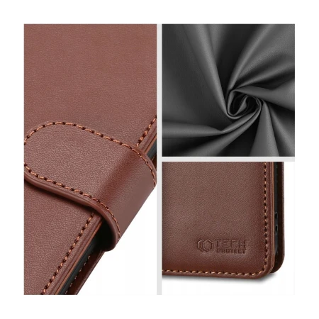 Ekoskóra i przeszycia etui Tech-Protect Wallet z bliska (kadry serii, wariant brązowy)