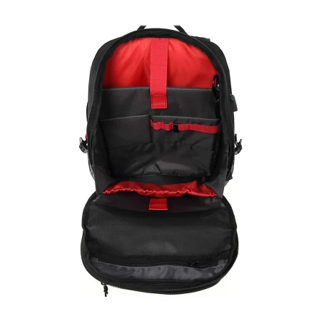 Otwarta komora główna plecaka Silver Monkey X Gaming Backpack — czerwone wnętrze z przegrodami i paskiem na laptop