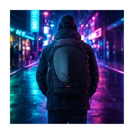 Mężczyzna z plecakiem Silver Monkey X Gaming Backpack na plecach w nocnym mieście