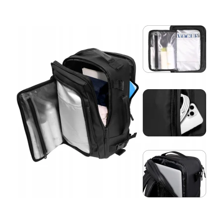 Otwarte komory plecaka Tech-Protect Defender S50 — kieszenie na kosmetyki, telefon i laptop