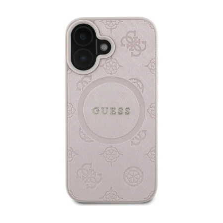 Tył różowego etui Guess do iPhone 16 — wzór piwonii, emblematy Guess i złote litery GUESS na środku