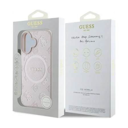 Opakowanie etui Guess do iPhone 16 z oznaczeniem MagSafe i adresem producenta CG Mobile