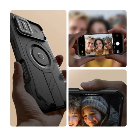 Etui Tech-Protect Kevlar do iPhone 17 w dłoni z odsuniętą osłoną aparatów — kolaż producenta ze zdjęciami z aparatu