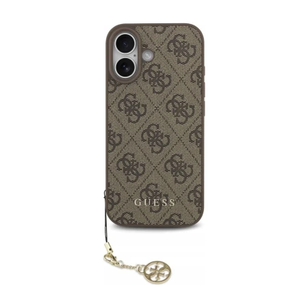 Etui MagSafe Guess 4G Charms Collection do iPhone 17, brązowe — tył ze wzorem 4G, złotym logo i zawieszką