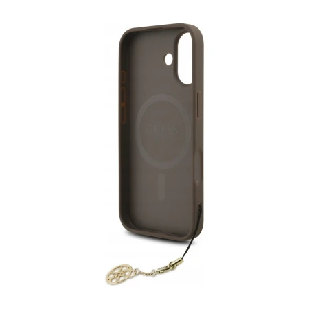 Wnętrze etui Guess 4G Charms do iPhone 17 — pierścień MagSafe z napisem GUESS i brązowe wnętrze