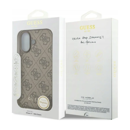 Pudełko etui Guess 4G Charms Collection do iPhone 17 z napisem „iPhone 17 | With Charm” i naklejką MagSafe