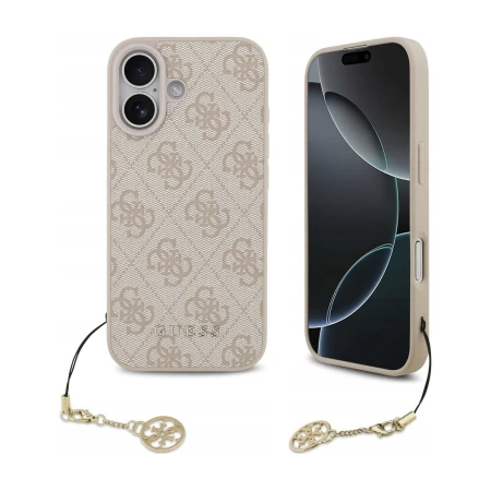 Etui MagSafe Guess 4G Charms Collection do iPhone 17, różowe — tył z zawieszką obok widoku od strony ekranu