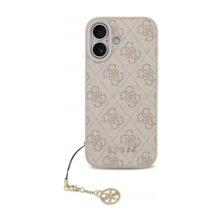 Etui MagSafe Guess 4G Charms Collection do iPhone 17, różowe — tył ze wzorem 4G, złotym logo i zawieszką