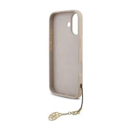 Wnętrze etui Guess 4G Charms do iPhone 17 — pierścień MagSafe i różowe wnętrze z zawieszką przy krawędzi