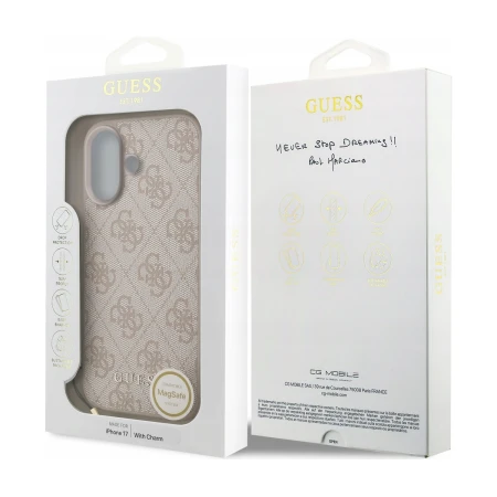 Pudełko etui Guess 4G Charms Collection do iPhone 17 z napisem „iPhone 17 | With Charm” i naklejką MagSafe