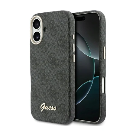 Etui Guess 4G Script do iPhone 17 — tył obok widoku od strony ekranu, złota ramka aparatu i złote przyciski