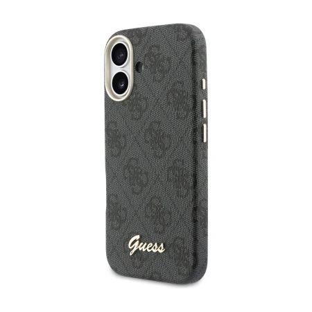 Etui MagSafe Guess 4G Script do iPhone 17, czarne — tył ze wzorem 4G i złotym logo Guess pisanym kursywą