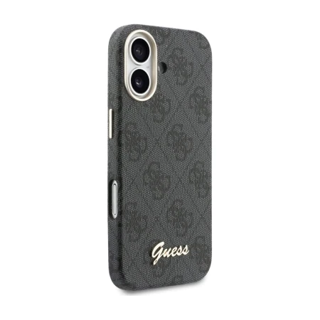 Etui Guess 4G Script do iPhone 17 pod kątem — złota ramka aparatu i przycisk boczny w kolorze złotym