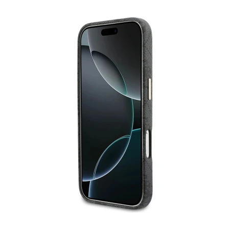 Etui Guess 4G Script na iPhone 17 od frontu — czarna ramka wokół ekranu ze wzorem 4G na krawędziach
