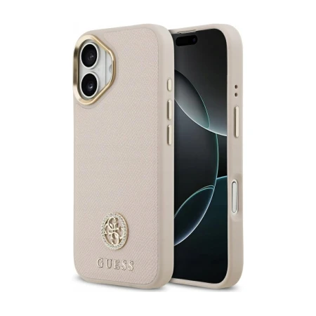 Etui Guess Grained Strass do iPhone 17 — tył ze złotą ramką aparatu obok widoku od strony ekranu