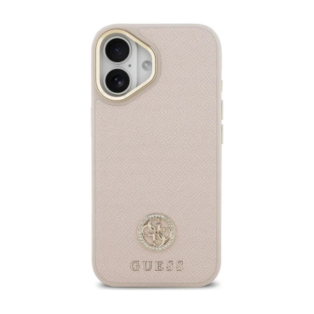 Etui MagSafe Guess Grained Strass Logo do iPhone 17, różowe — tył ze złotą ramką aparatu i emblematem 4G z kryształkami