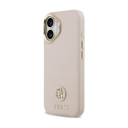 Etui Guess Grained Strass do iPhone 17 pod kątem — złota ramka wokół obiektywów i trzy złote przyciski na krawędzi