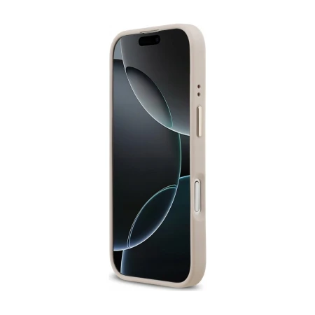 Etui Guess Grained Strass na iPhone 17 od frontu — różowa ramka wokół ekranu i złote nakładki przycisków