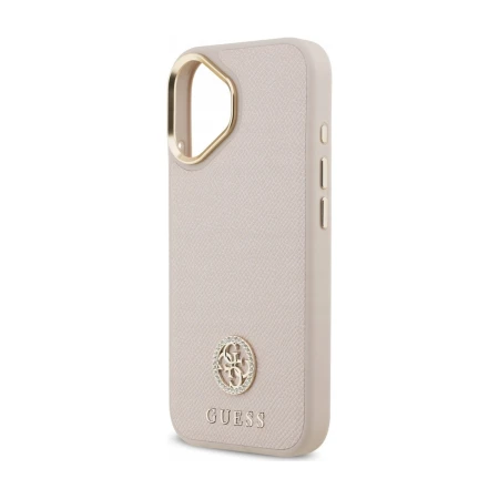 Puste etui Guess Grained Strass do iPhone 17 — złota ramka otworu na dwa aparaty i emblemat z kryształkami