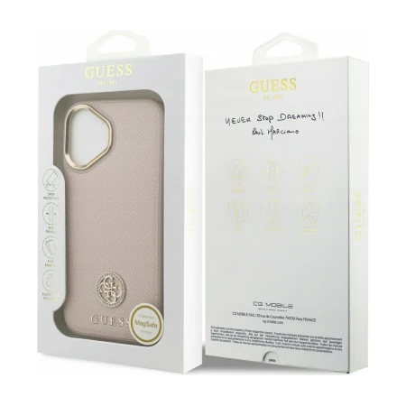 Pudełko etui Guess Grained Strass do iPhone 17 z naklejką MagSafe i adresem producenta CG Mobile