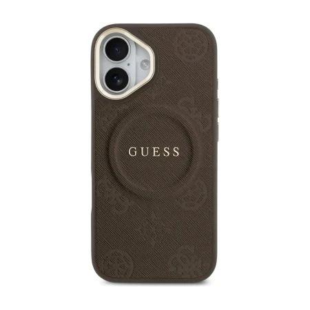 Etui MagSafe Guess Peony Hot Stamp do iPhone 17, brązowe — tył z wytłoczonym wzorem piwonii i złotym logo GUESS