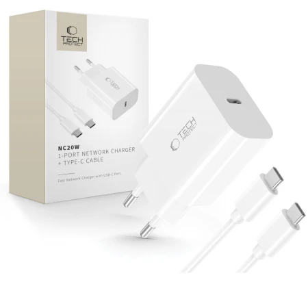 Ładowarka sieciowa USB-C 20 W z kablem USB-C Tech-Protect NC20W, biała