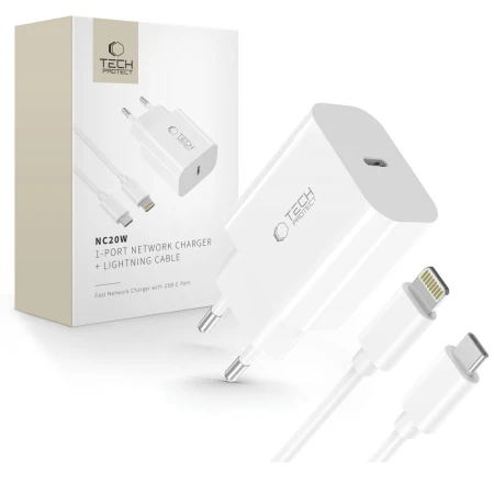 Ładowarka sieciowa USB-C 20 W z kablem Lightning Tech-Protect NC20W, biała