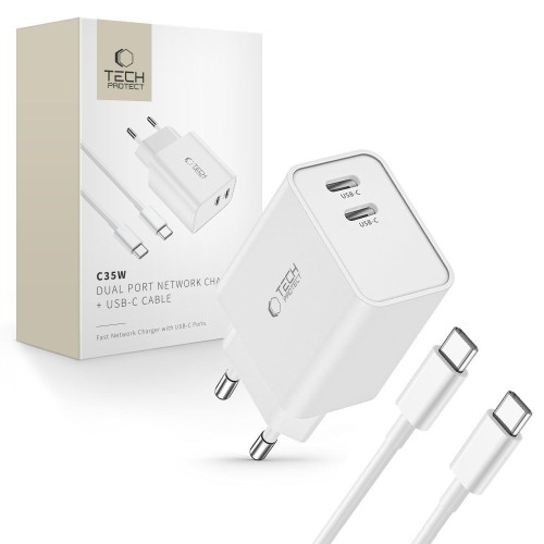 Przejdź do produktu Ładowarka sieciowa 2 porty 35 W z kablem USB-C Tech-Protect C35W, biała