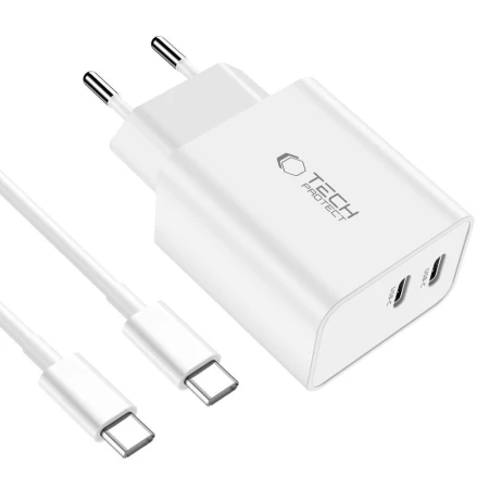 Ładowarka sieciowa 2 porty 35 W z kablem USB-C Tech-Protect C35W, biała