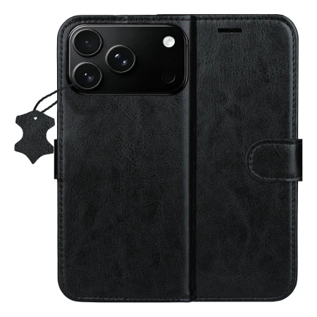 Etui z klapką TelForceOne Smart Luxe, czarne — tył z wyspą aparatów iPhone 17 Pro i okładka (render producenta)