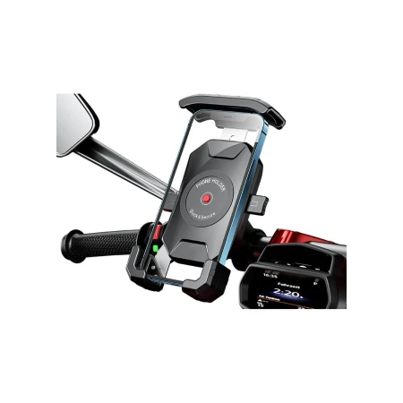 R15-metal z telefonem przy lusterku i kokpicie motocykla — ramiona z gumowymi nakładkami