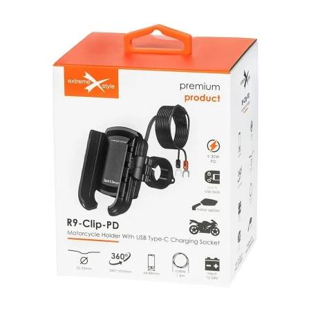 Opakowanie eXtremestyle R9-Clip-PD z piktogramami: do 30 W PD, 22–32 mm, 64–89 mm, kabel 1,6 m, 12–24 V