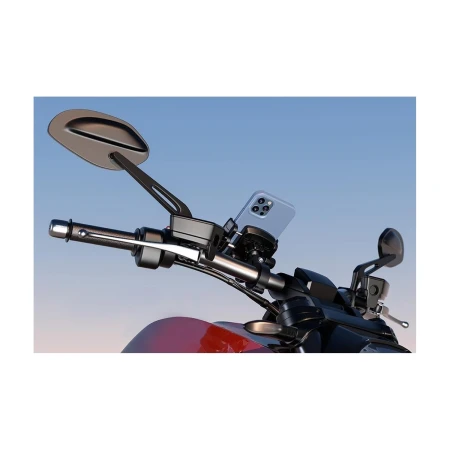 R9-Clip-PD z telefonem przy manetce motocykla — widok z boku na mocowanie na kierownicy