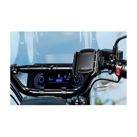 Pusty uchwyt R9-Clip-PD zamontowany na kierownicy motocykla nad zegarami