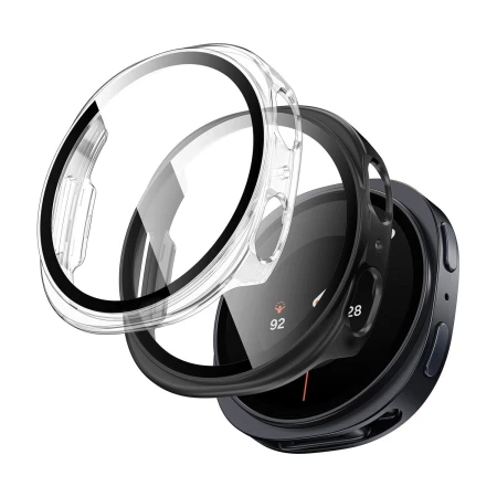 Dwa etui Tech-Protect Defense do Galaxy Watch 8 / 9 40 mm – czarne i przezroczyste obok zegarka, widok 3/4