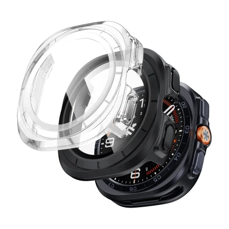 Dwa etui Tech-Protect Defense do Galaxy Watch Ultra 2 47 mm – przezroczyste i czarne obok zegarka, widok 3/4