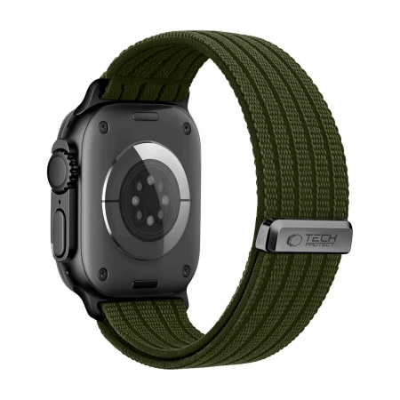Tył Apple Watch Ultra z zielonym (Military Green) paskiem Nylon Sport – metalowa klamra z logo Tech-Protect