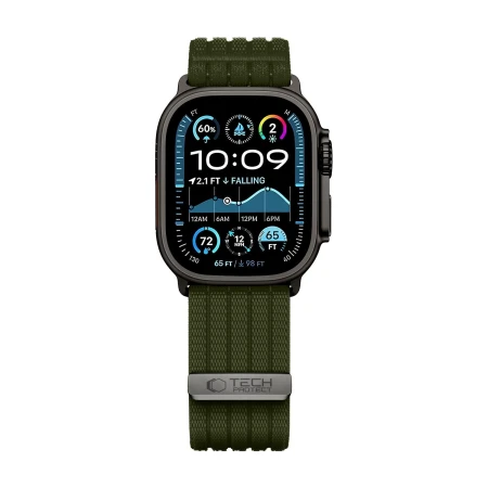 Apple Watch Ultra z zielonym (Military Green) paskiem Nylon Sport – widok z przodu, pasek z rzepem
