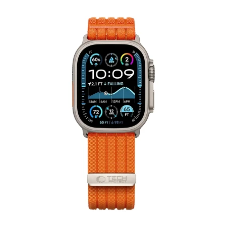 Apple Watch Ultra z pomarańczowym (Orange) paskiem Nylon Sport – widok z przodu, pasek z rzepem