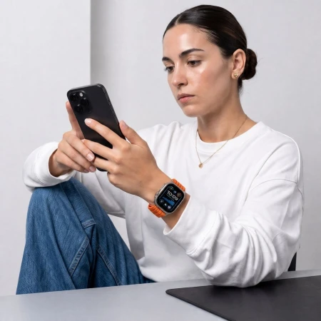 Kobieta w białej koszuli z telefonem – Apple Watch z pomarańczowym paskiem Nylon Sport