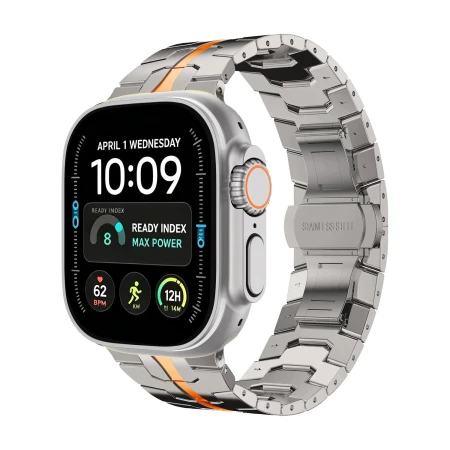 Bransoleta Tech-Protect Stainless Titanium/Orange na Apple Watch Ultra – widok 3/4, pomarańczowy pas na ogniwach