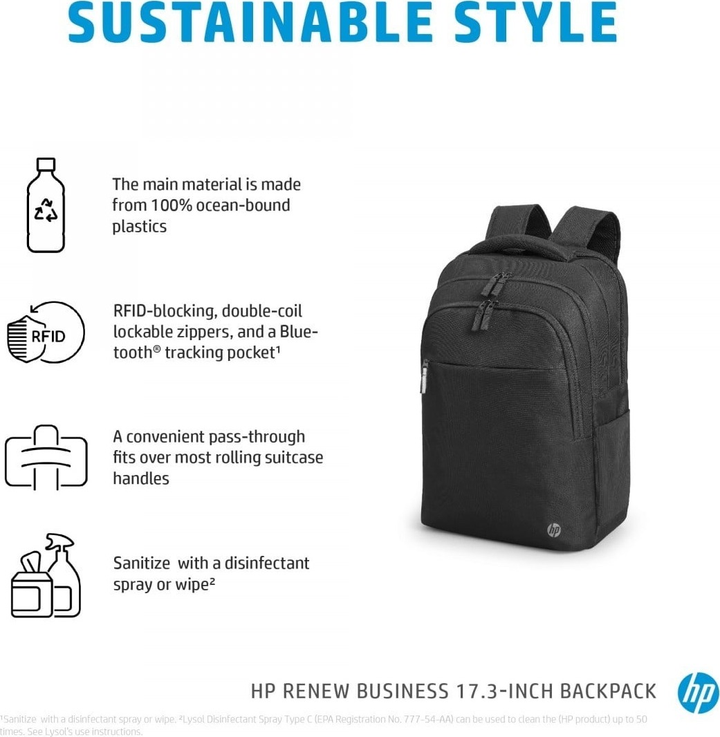 Plansza HP „Sustainable style”: plecak HP Renew Business 17,3 z materiału w 100% z plastiku oceanicznego, zamki RFID i na kłódkę, przelotka na walizkę, dezynfekcja sprejem