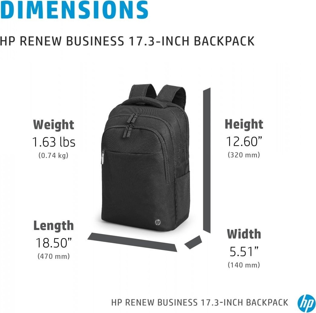 Plansza HP z wymiarami plecaka HP Renew Business 17,3: wysokość 470 mm, szerokość 320 mm, głębokość 140 mm, waga 0,74 kg