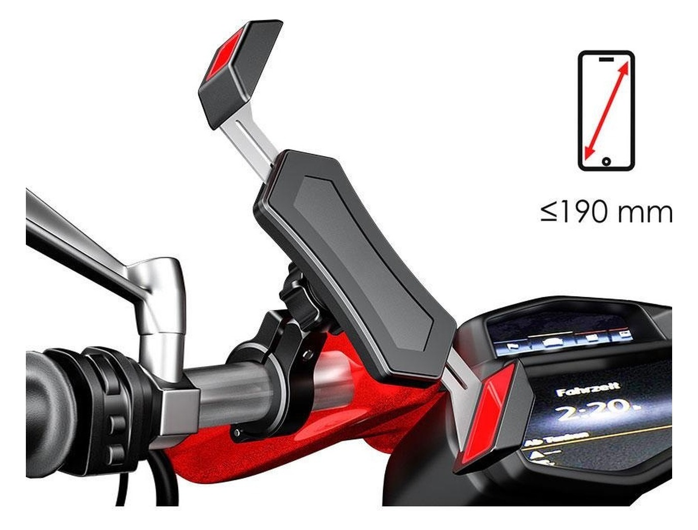 R16-metal na kierownicy motocykla obok kokpitu — piktogram telefonu do 190 mm przekątnej