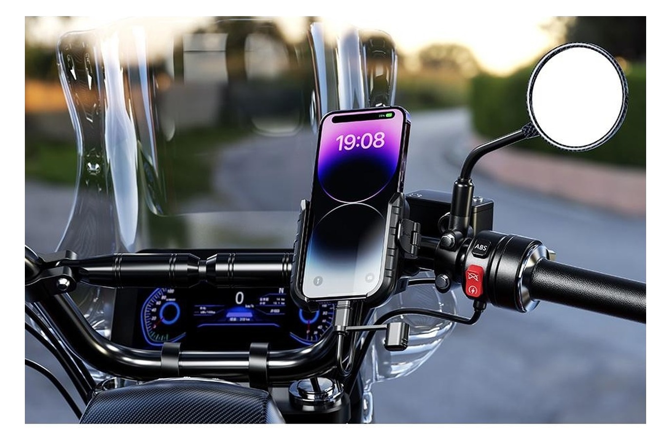 R9-Clip-PD z telefonem przy manetce motocykla — widok z boku na mocowanie na kierownicy