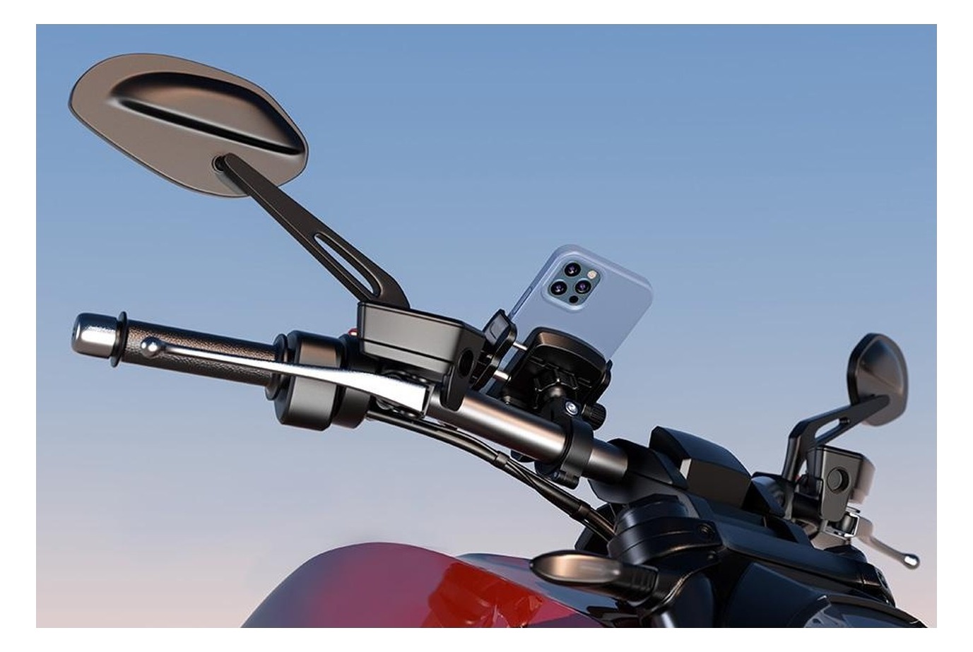 R9-Clip-PD na kierownicy motocykla obok lusterka — telefon w imadle podłączony do ładowania