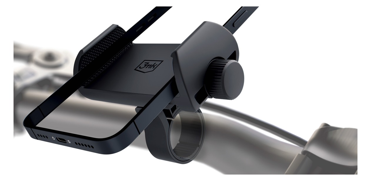 3mk BikeGrip z telefonem na kierownicy — widok 3/4, pokrętło i gumowe szczęki