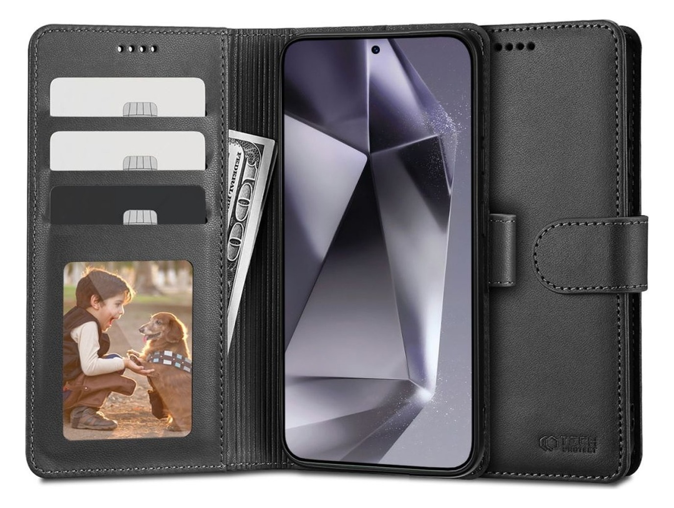 Otwarte etui z klapką Tech-Protect Wallet do Galaxy S24 Ultra — kieszenie na karty, banknoty i okienko na zdjęcie